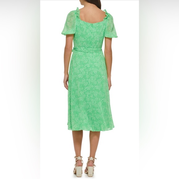 DKNY Puff Sleeved Ruffle Green Spotted White Midi Dress - Picture 3 of 7